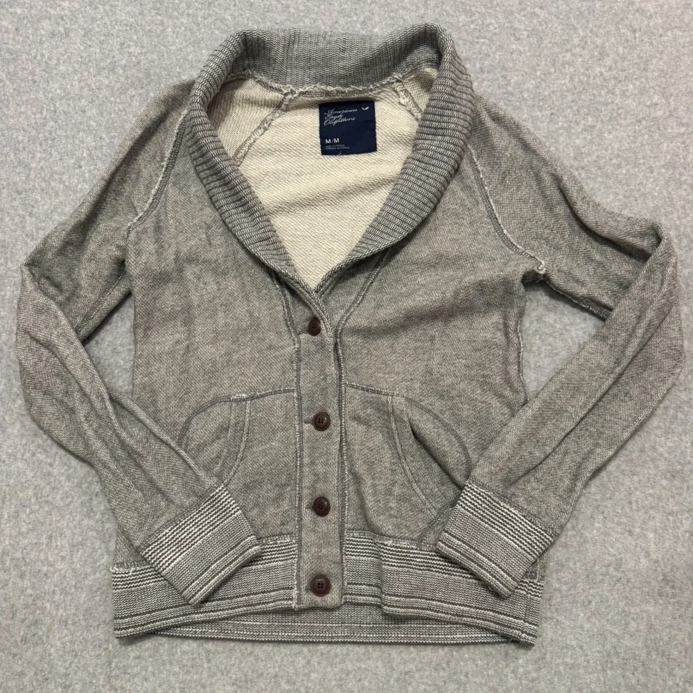 American Eagle Mens Shawl Collar Cardigan Gray Cotton French Terry Sweater M